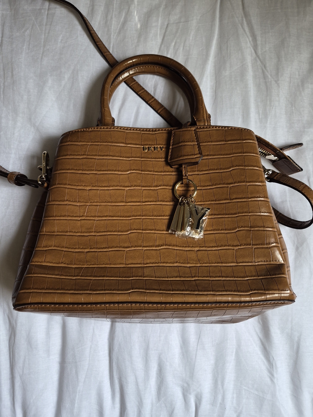 DKNY Cognac Brown Croc Embossed Leather Satchel Crossbody Purse